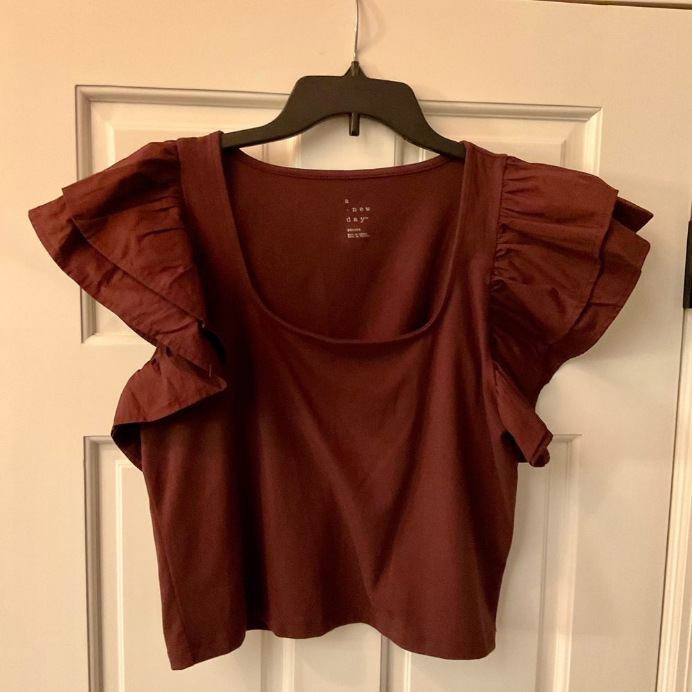 a new day Women's Ruffled Sleeve Blouse in Dark Red